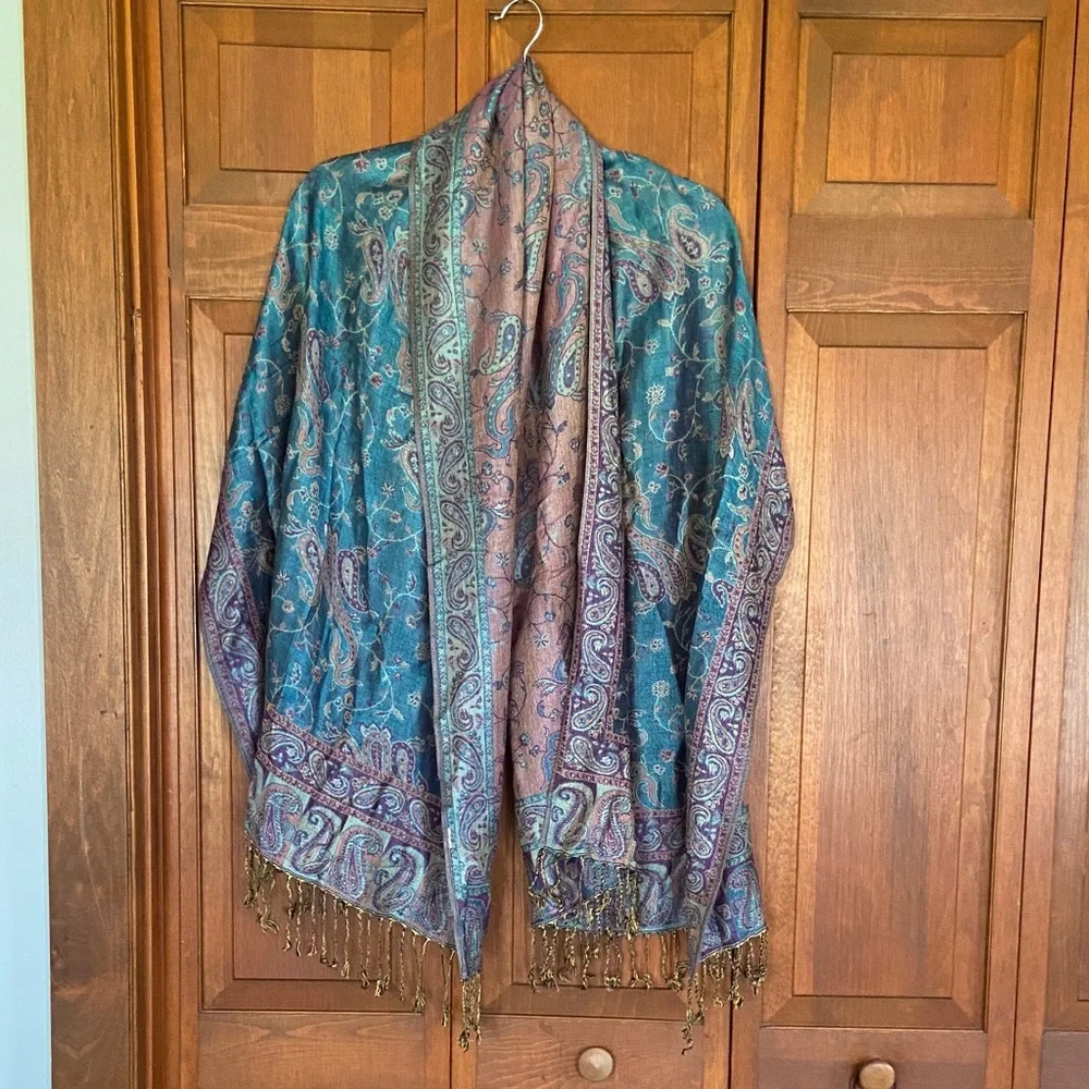 Paisley Print Scarf/Wrap With Gold Fringe ~ Teal, Purple and Brown - Picture 7 of 9
